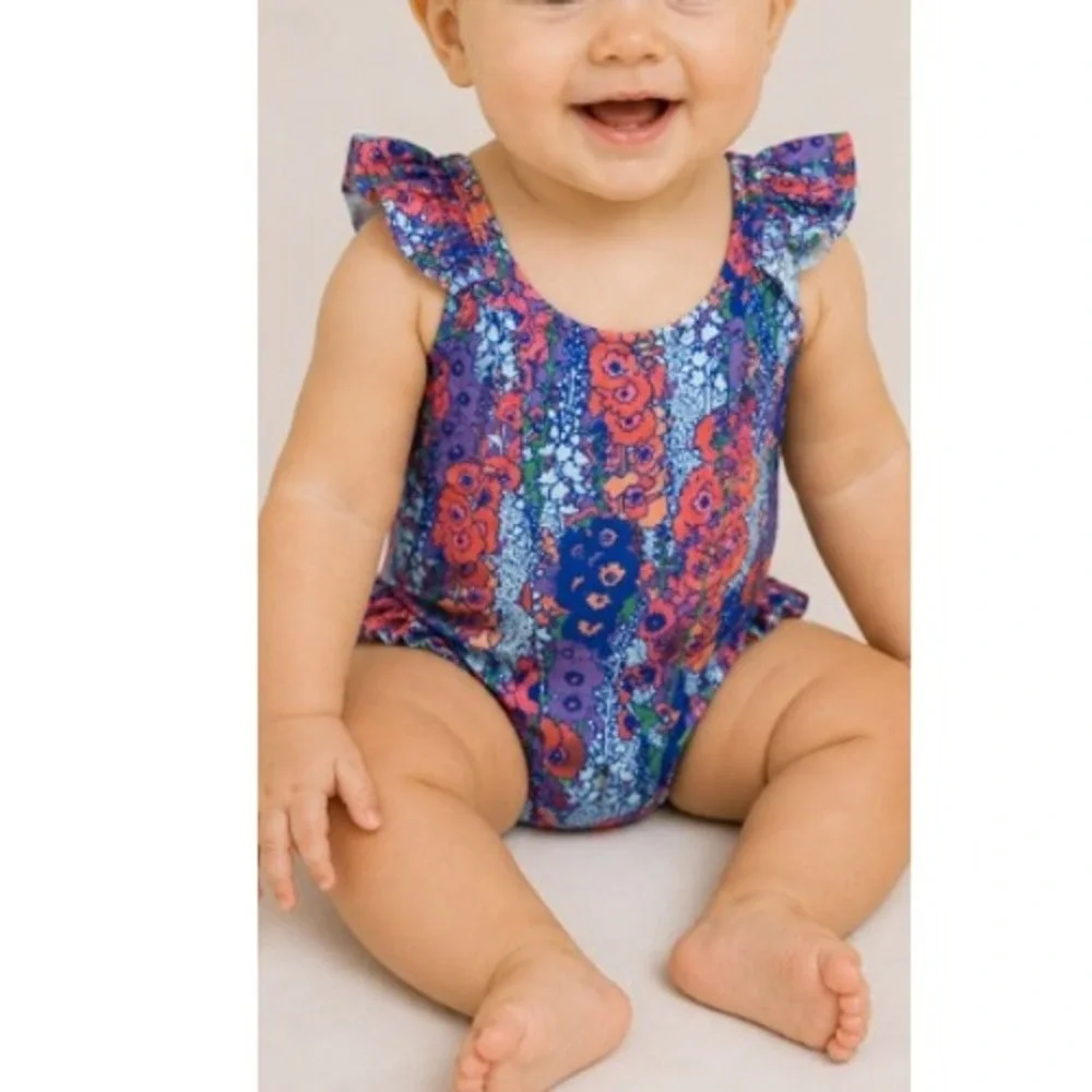 Kate Quinn Baby Vivid Hollyhocks Snap Side Ruffle Tank Swimsuit 12-18M NWT